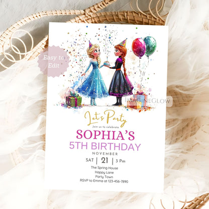 Frozen birthday invitation with Elsa and Anna
