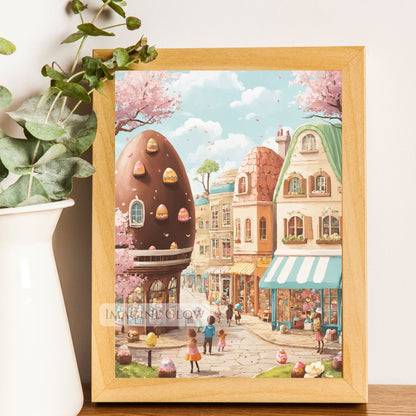 Charming Easter village street with cherry blossoms and chocolate eggs
