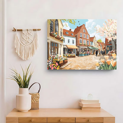 Romantic spring town with cobblestone roads and vibrant blooms.
