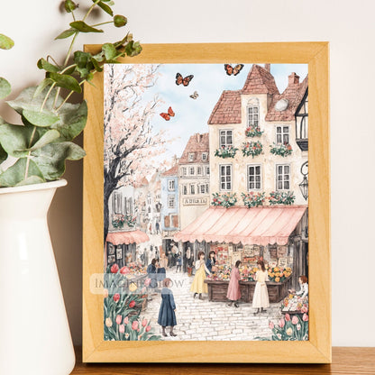 Soft Pastel Old Town with Tulips and Cherry Blossoms
