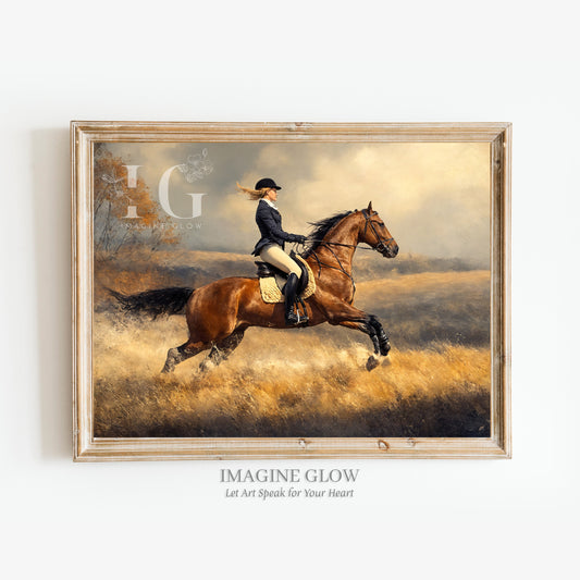 Horseback riding print with a vintage autumn scene featuring a rider on horseback in a fall landscape.
Equestrian artwork showing a horse and rider in a colorful fall setting with rustic charm.