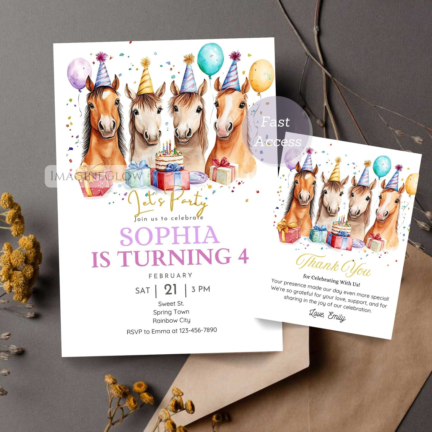 editable pony party invite and thank you card

