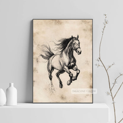 Equestrian horse sketch drawing for rustic home decor.