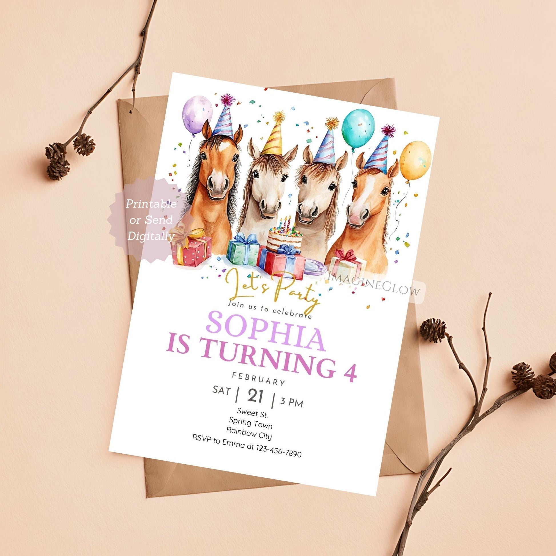 horse party invitation editable in Canva
cute horse birthday thank you card printable
