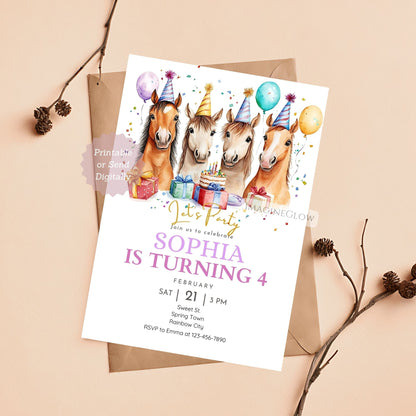 horse party invitation editable in Canva
cute horse birthday thank you card printable
