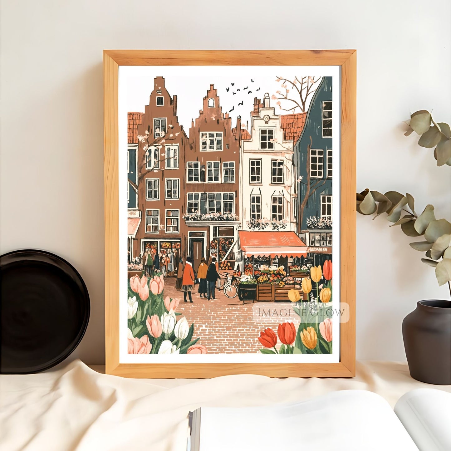 Enchanting spring art featuring tulips and cherry blossoms in a rustic town.
