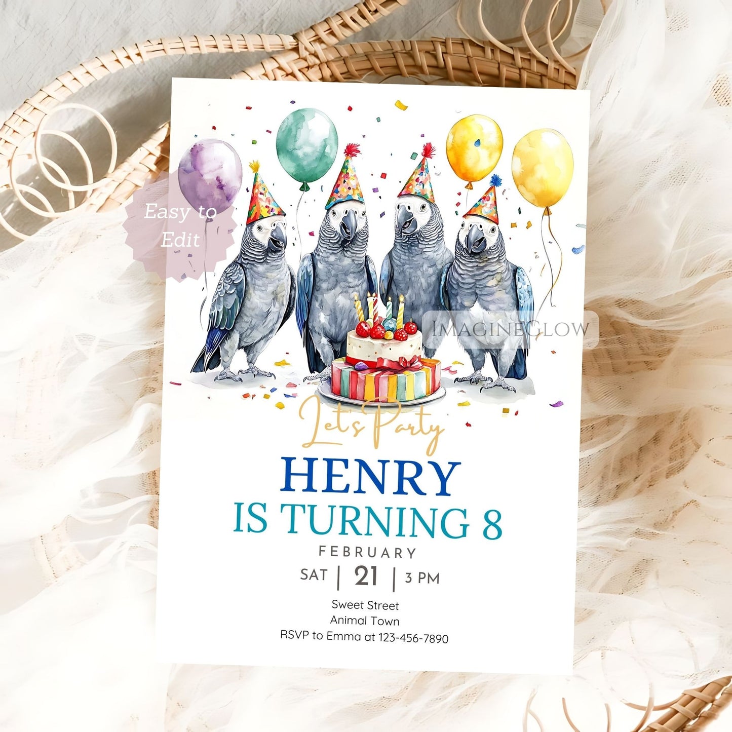 Customizable parrot birthday invitation for kids
African Grey party invitation editable in Canva