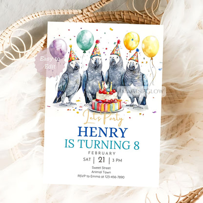 Customizable parrot birthday invitation for kids
African Grey party invitation editable in Canva