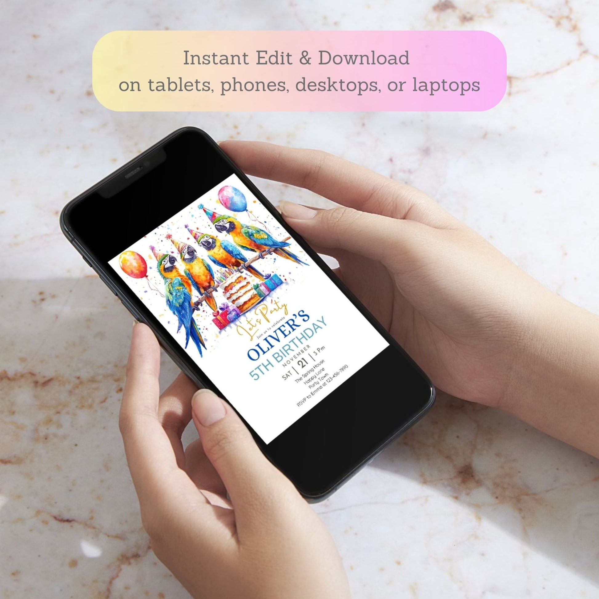 Colorful bird birthday invite for children
