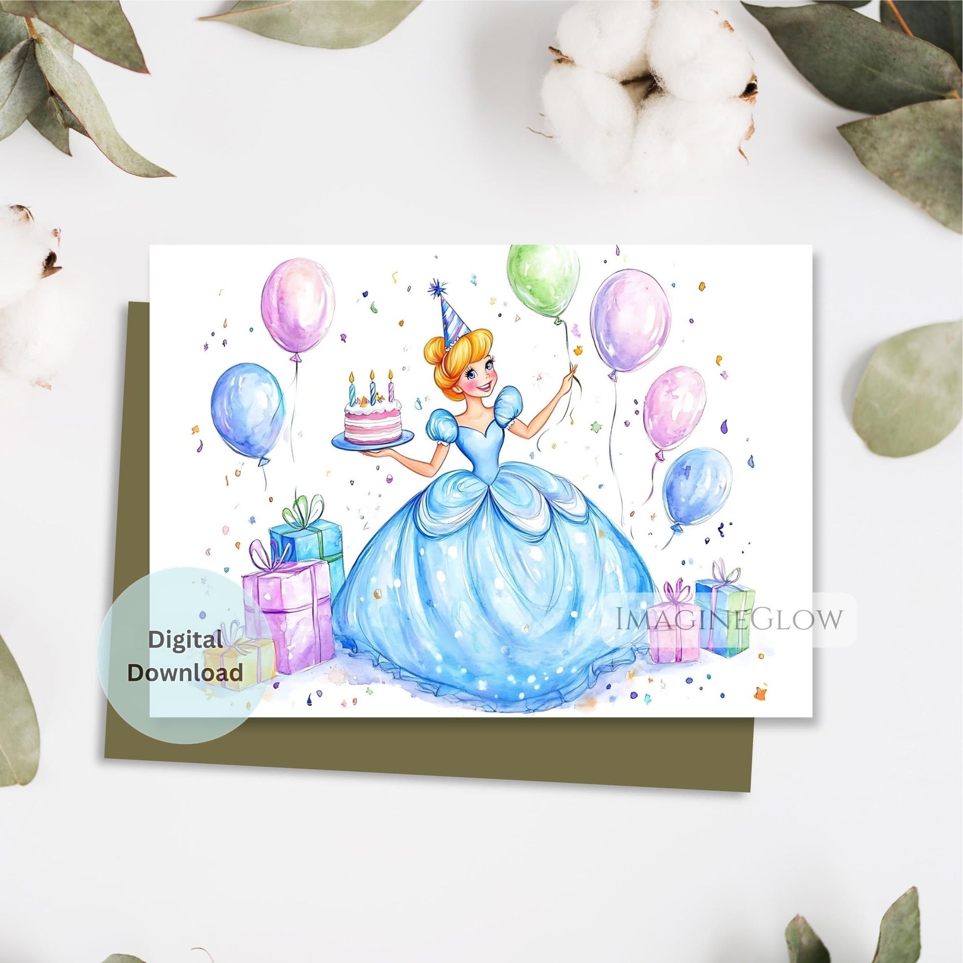 Magical Cinderella birthday greeting card
Cinderella card for princess birthday celebration
Birthday card featuring Cinderella in gown
Printable Cinderella card for children
