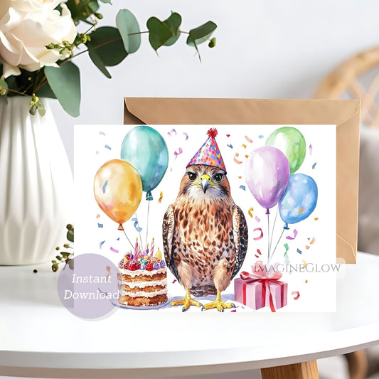 Birthday card with a hawk wearing a party hat, balloons, and a cake on a white surface.