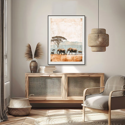 Family of elephants in the savanna vintage print.
