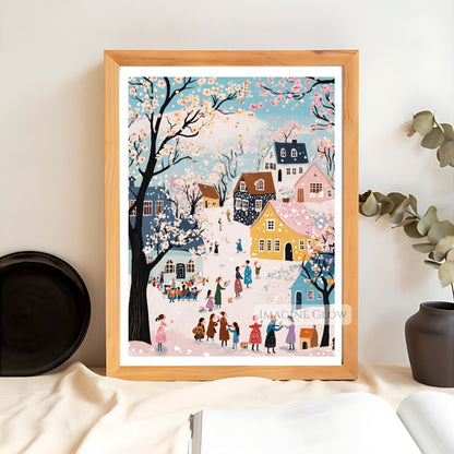 Springtime village with snow and blossoms in a dreamy, hand-drawn style.