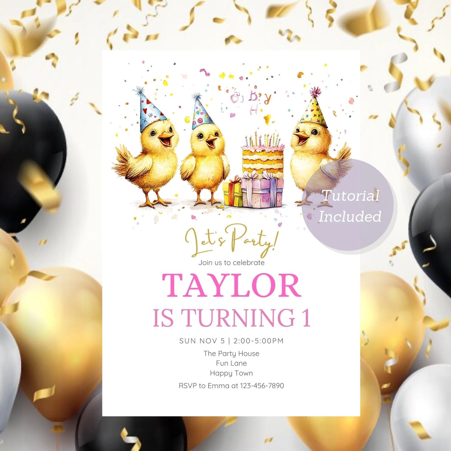 Farmyard birthday invite with an adorable baby chick design.
