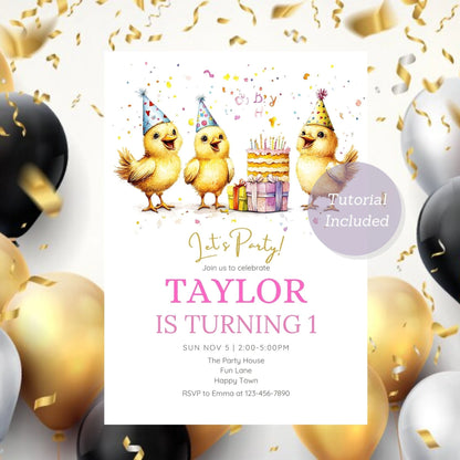 Farmyard birthday invite with an adorable baby chick design.
