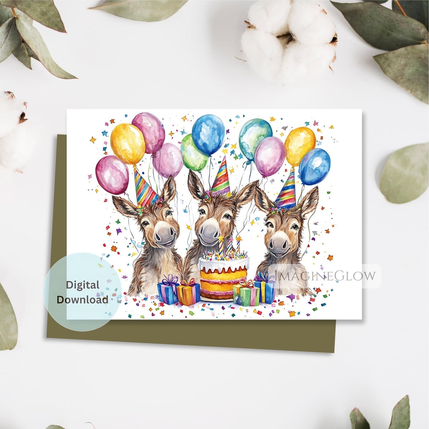Birthday card with three donkeys, balloons, and a cake on a white background.