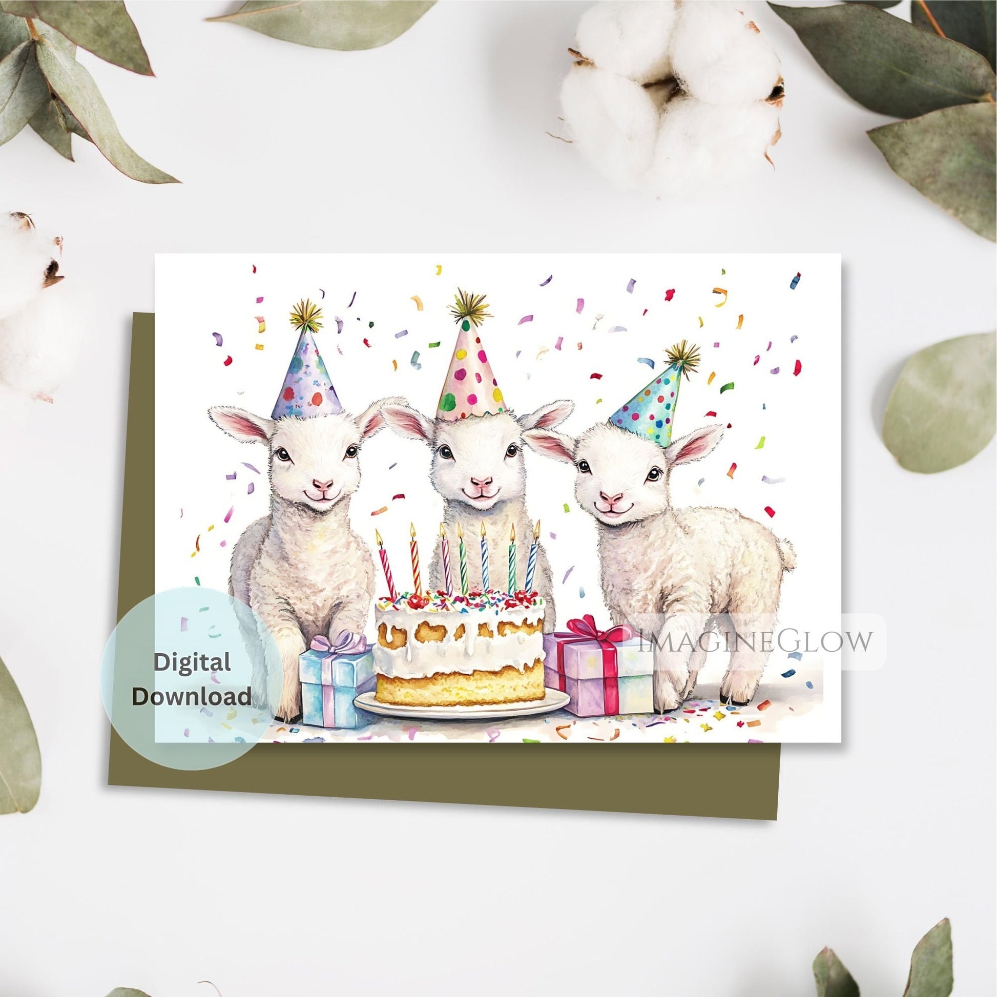 Birthday card with three lambs, a cake, and presents on a white background.