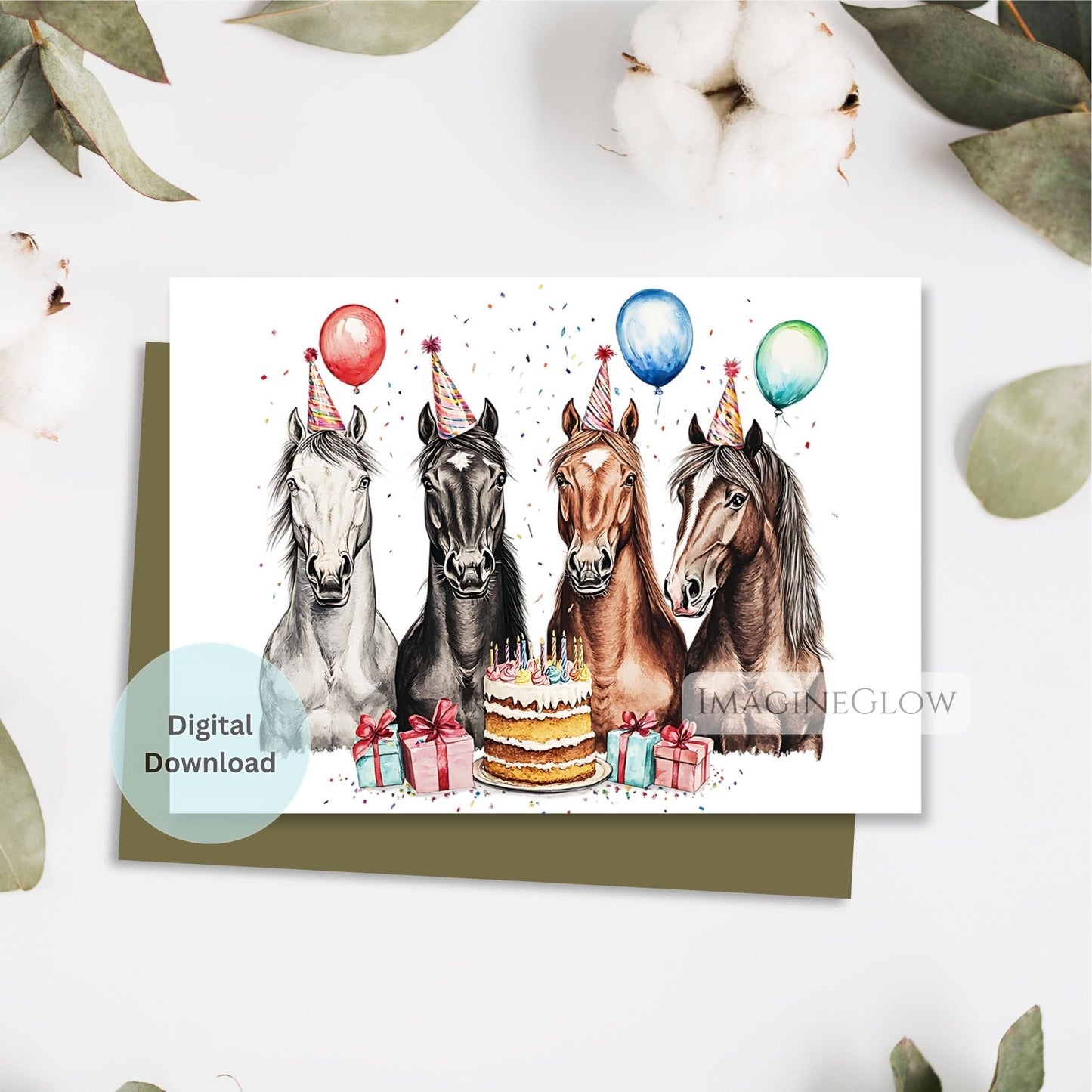 Birthday card with four horses wearing party hats around a cake and presents on a white background.