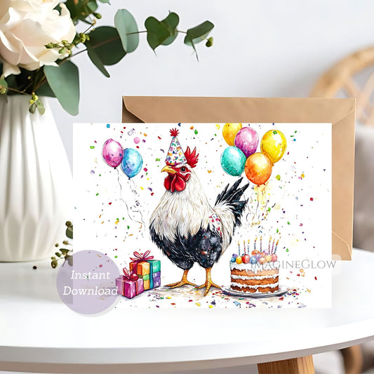 Birthday card with a rooster, balloons, and cake on a white surface.