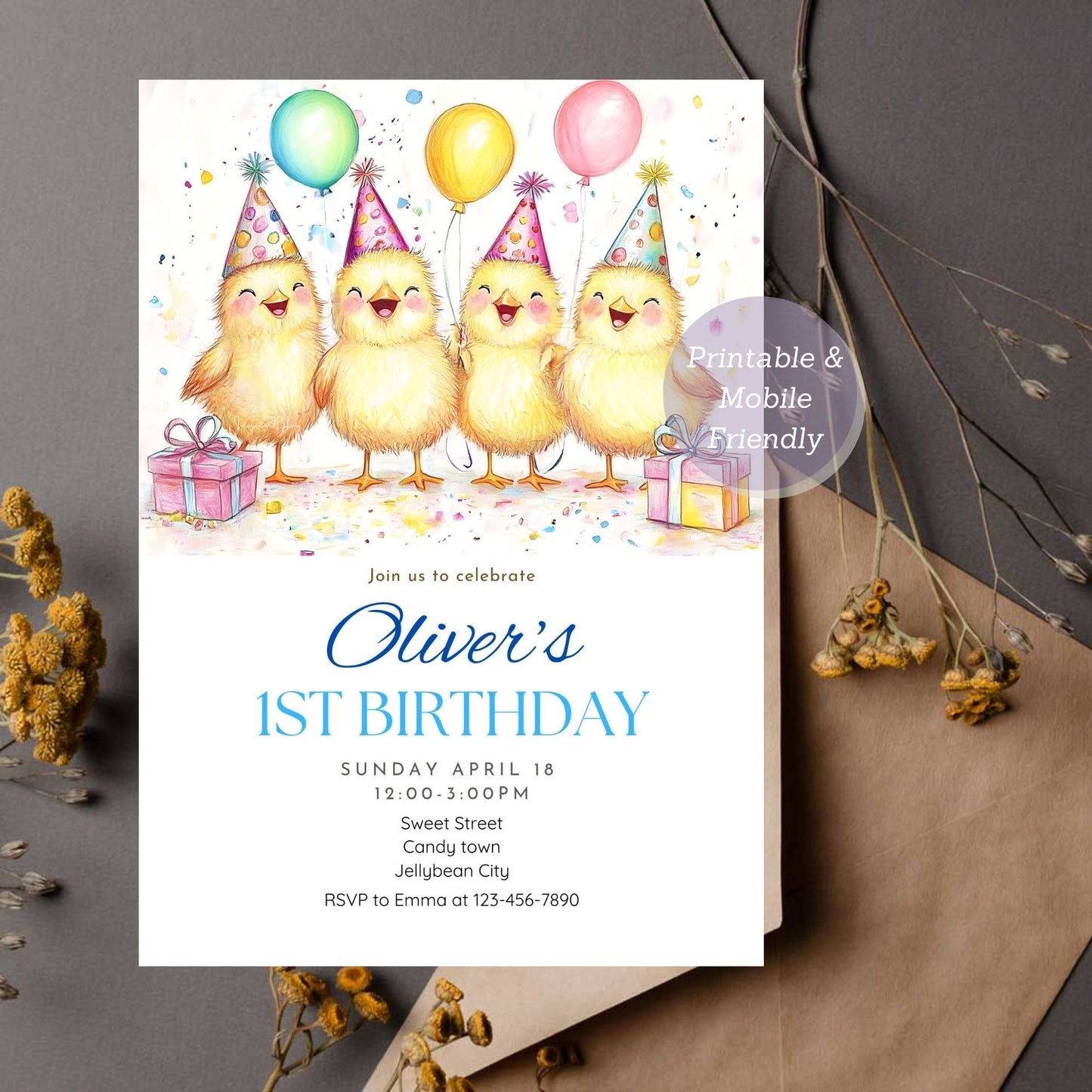 Editable chick birthday invitation for a barnyard-themed first birthday.
