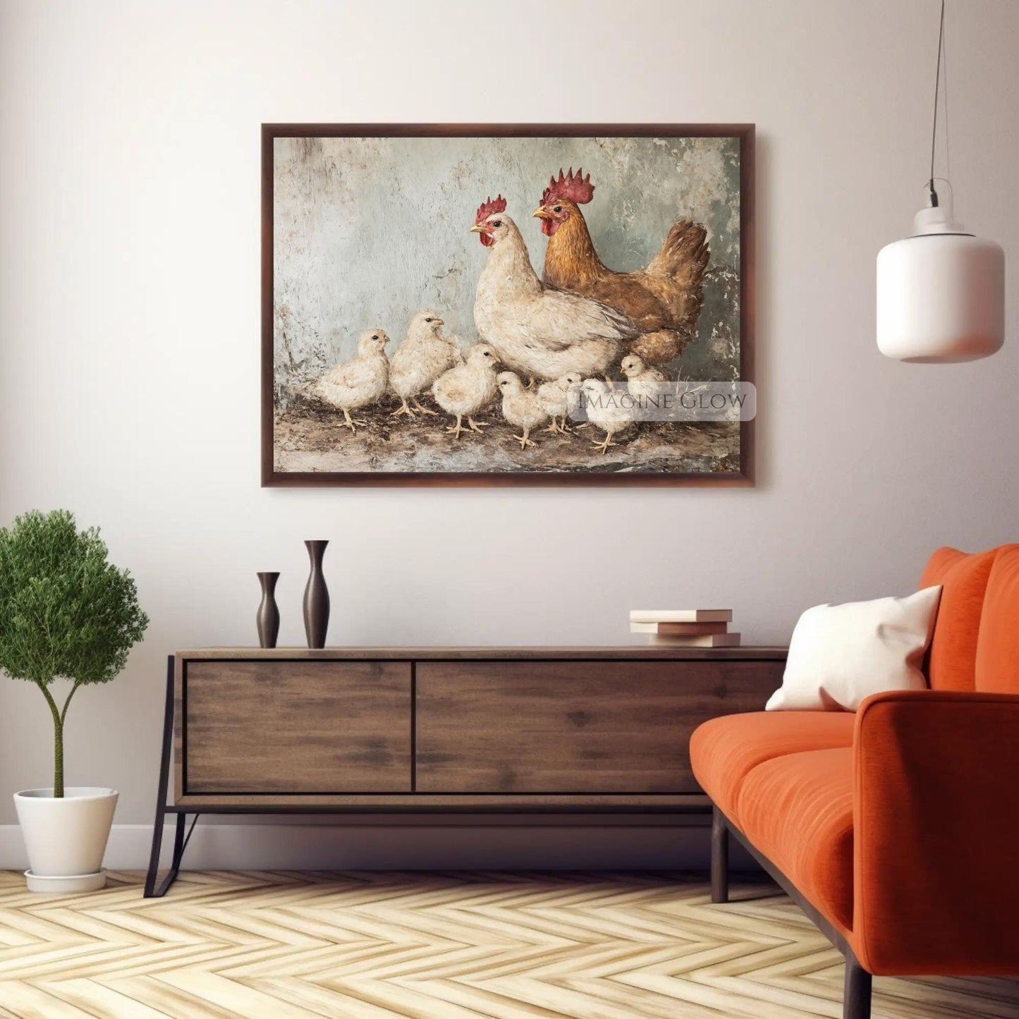 Vintage farmhouse art with chicken and chicks
