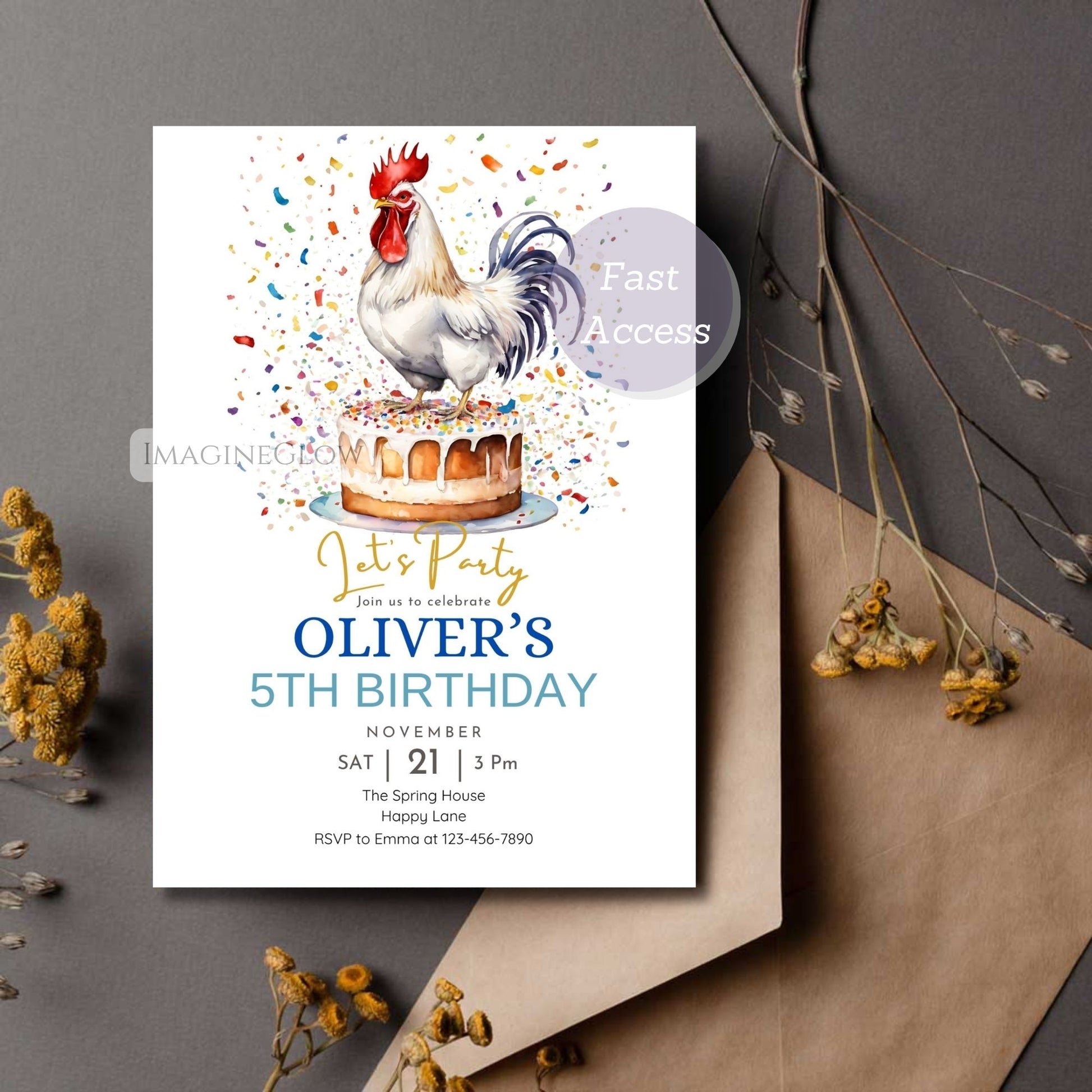 rooster birthday invitation
farm animal chicken party card
barnyard birthday invitation
