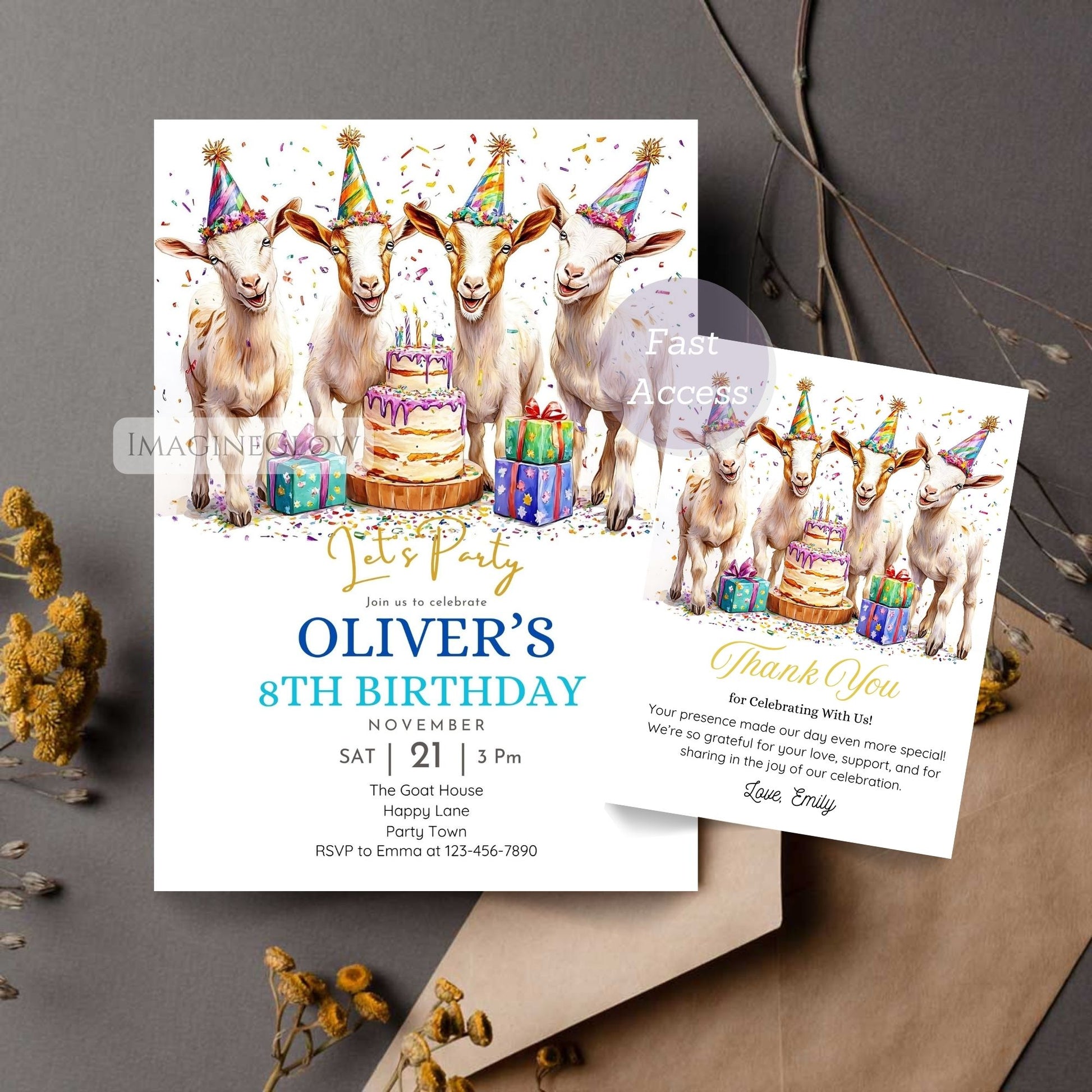 Goat birthday invitation and thank you card printable
Editable goat party invitation and matching thank you card

