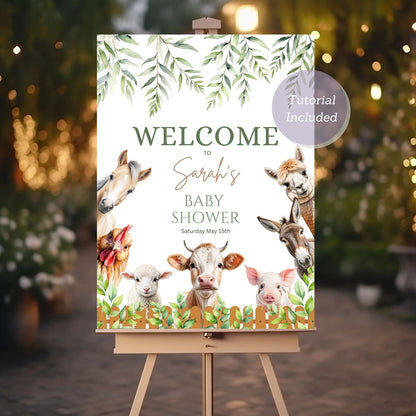 Greenery-themed farm animal welcome poster for baby shower.
