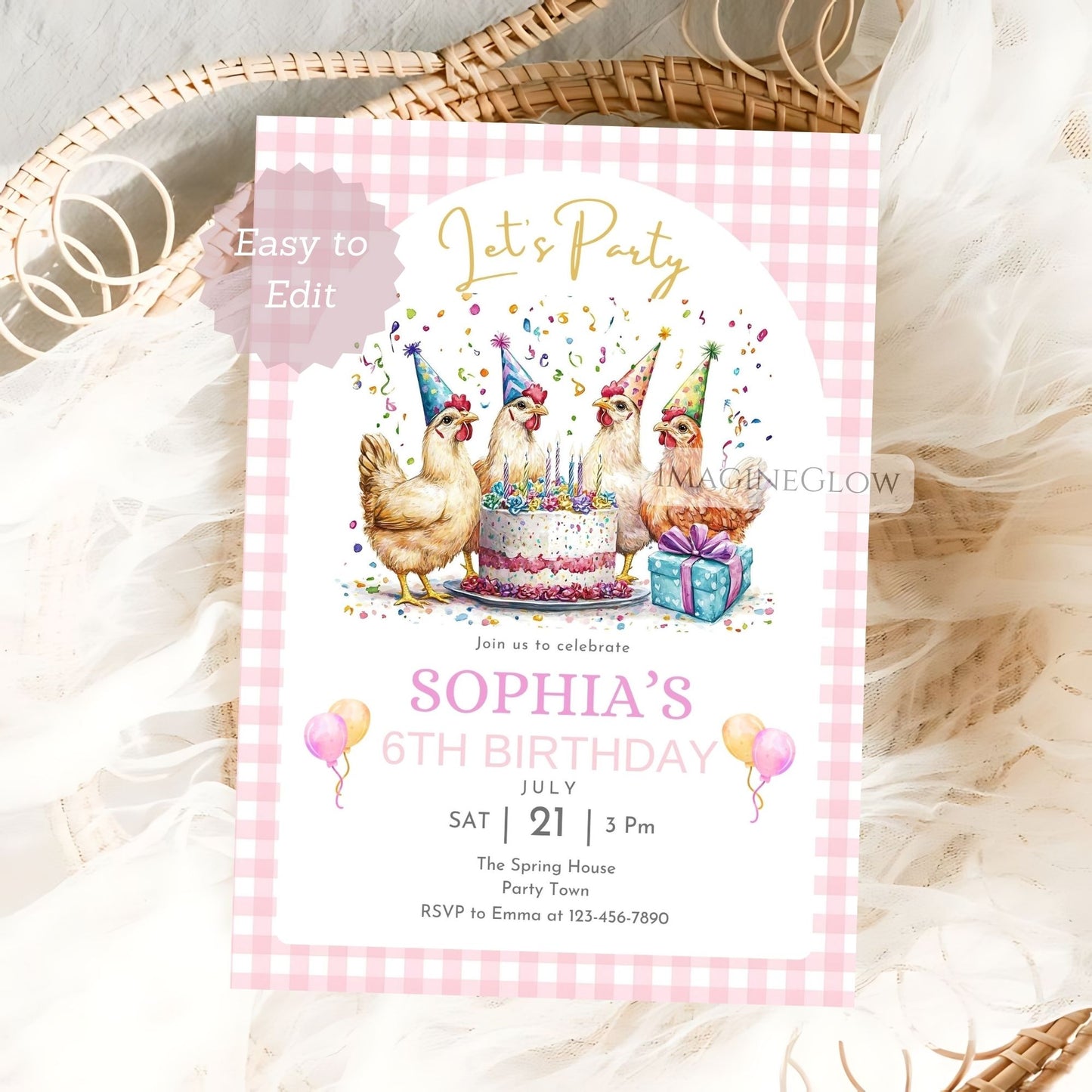 Birthday party invitation with chickens and cake on a checkered background