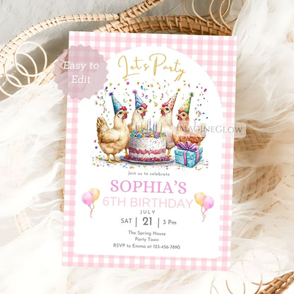 Birthday party invitation with chickens and cake on a checkered background
