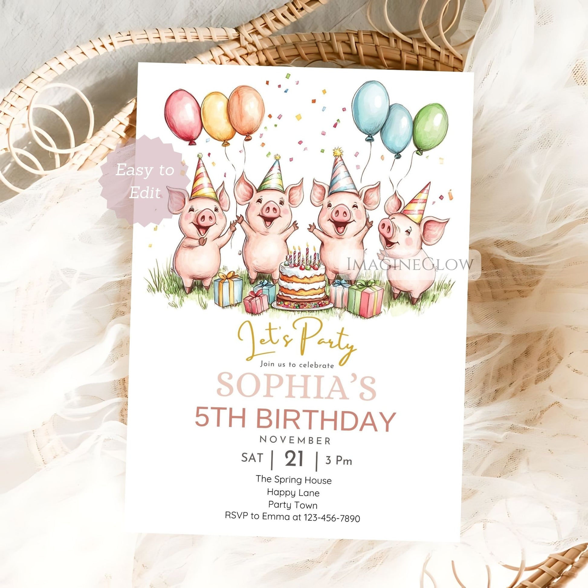 Rustic piglet invite for animal themed birthday
