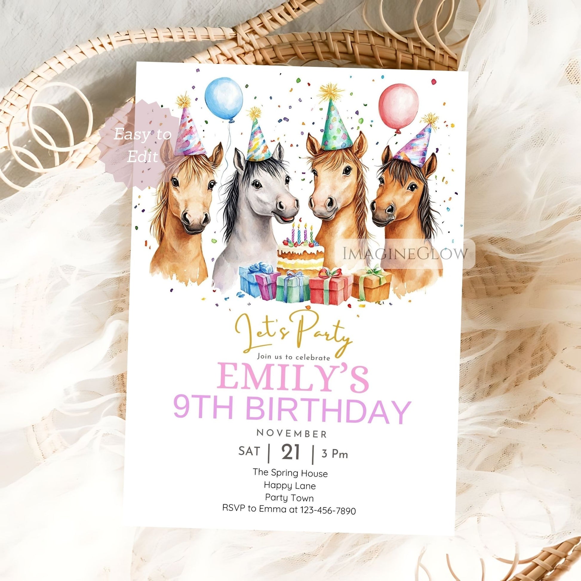 horse birthday invitation for girls
pink pony party invite
