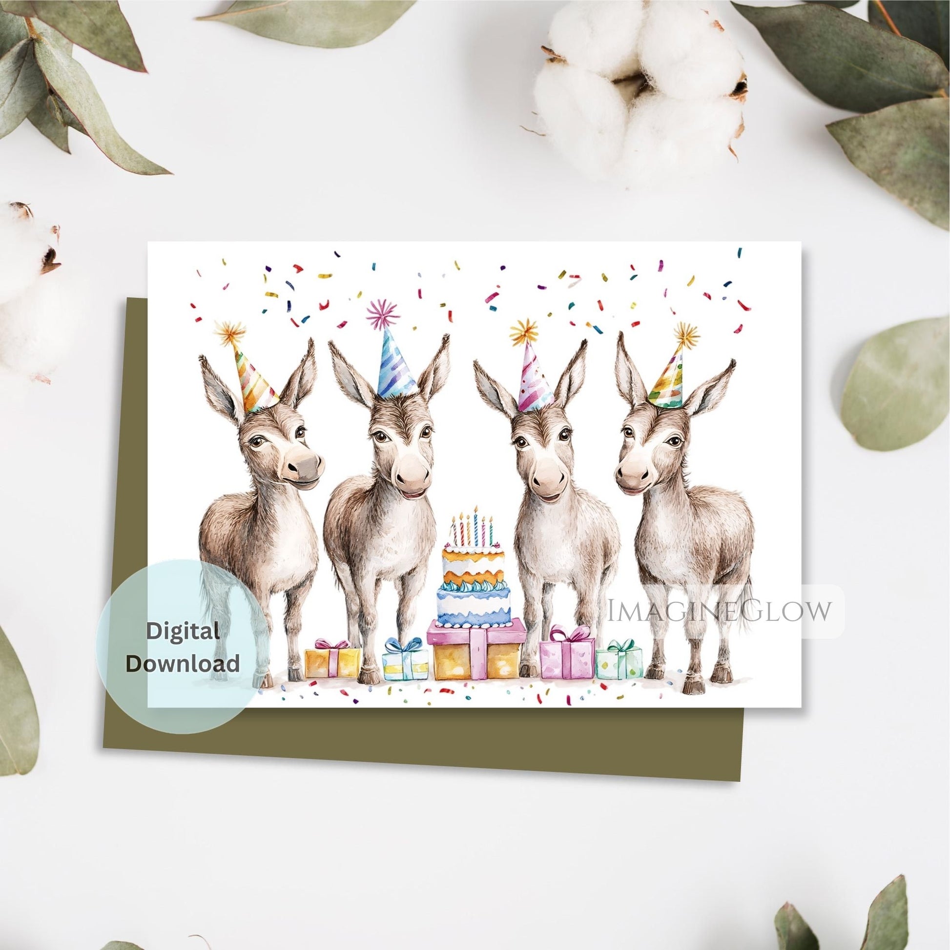 Digital download card with cartoon donkeys celebrating a birthday on a white background.