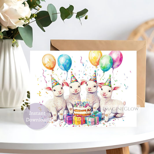 Birthday card with lambs and balloons on a white background