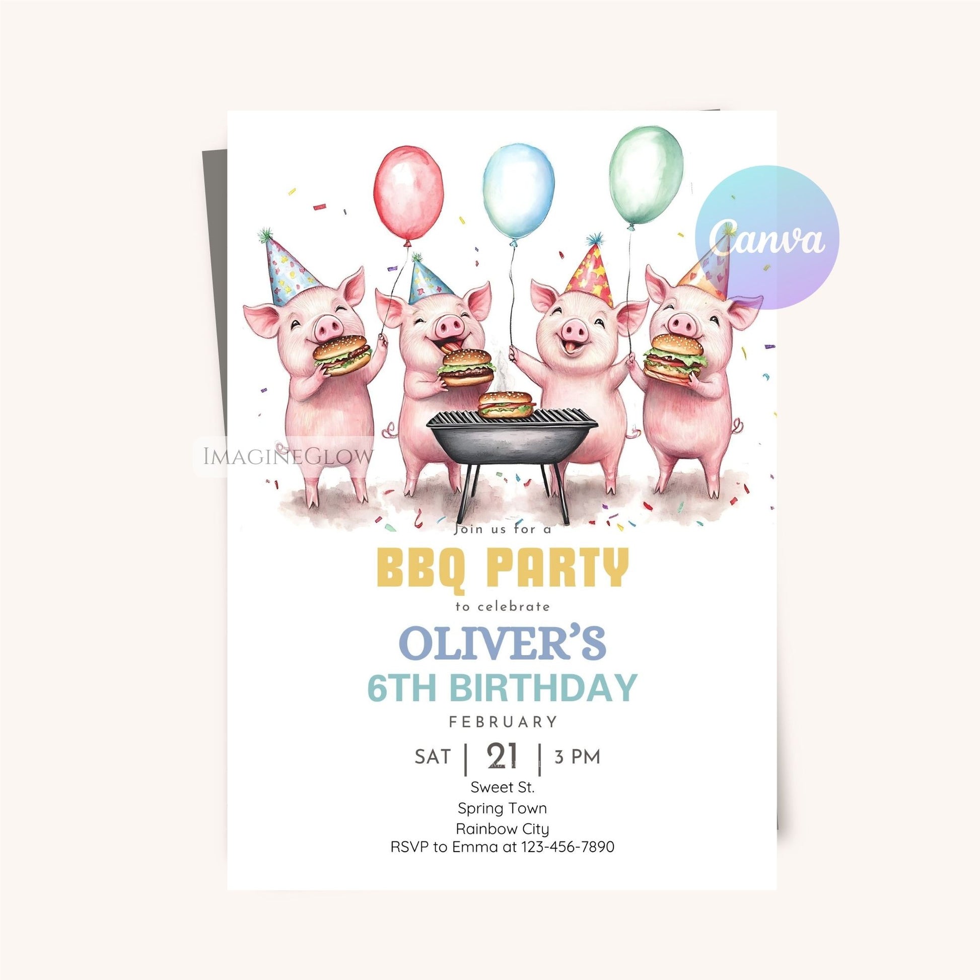 Cute piglets grilling food on a BBQ birthday invite.
