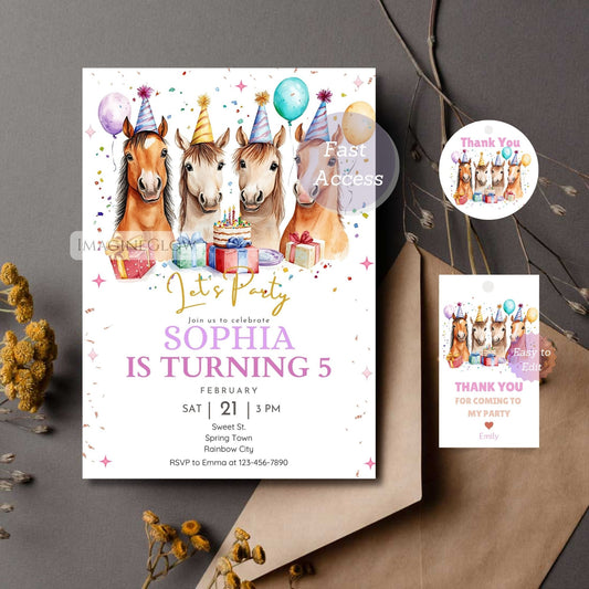 Horse Birthday Invitation & Thank You Tags - Cowgirl Pony Party Printable Set