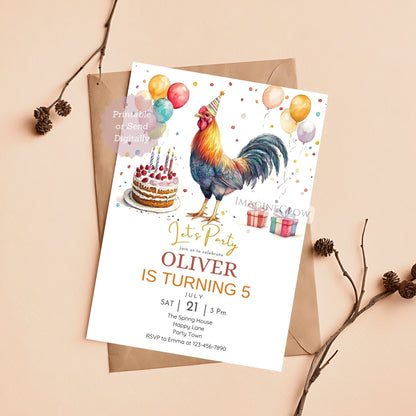 Editable rooster invitation template
Rustic kids party card with rooster
