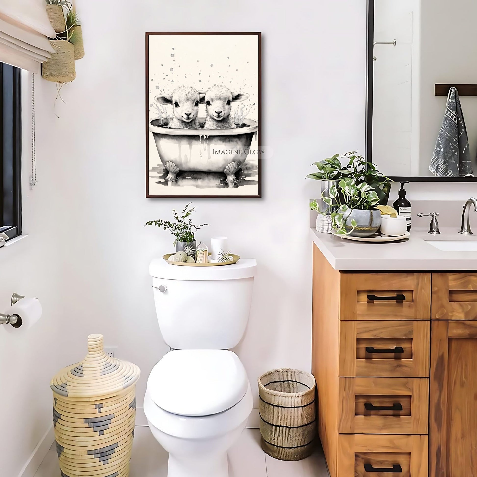 Two lambs relaxing in bathtub farmhouse bathroom decoration
