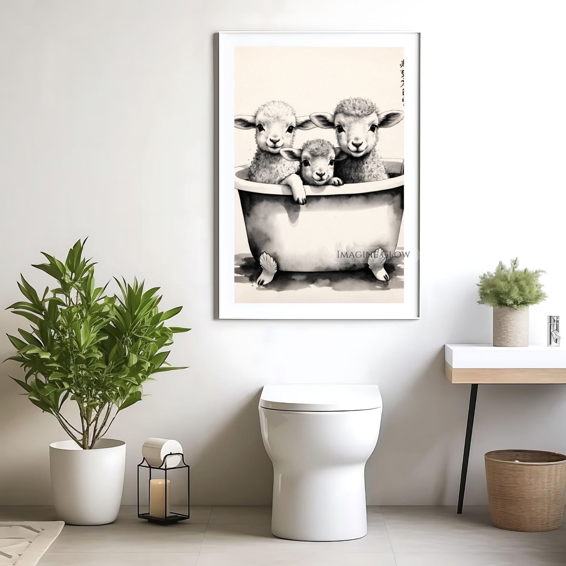 Adorable three lambs in a bathtub farm-style bath art
