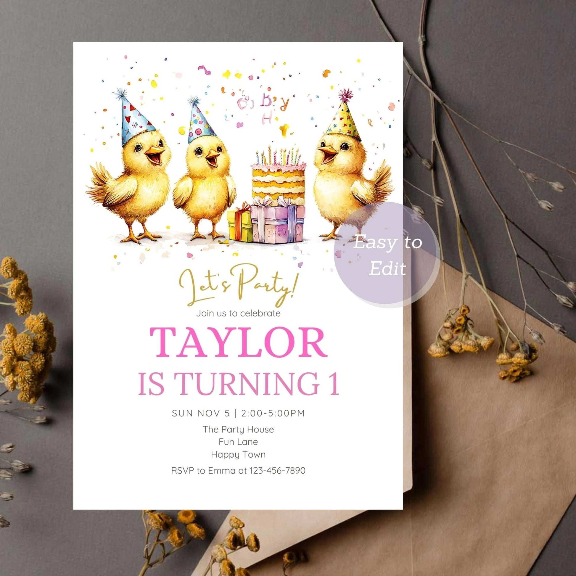 Farm animal party invitation featuring a baby chick.
