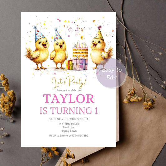 Farm animal party invitation featuring a baby chick.
