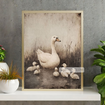 White goose with goslings in tranquil pond - vintage artwork
