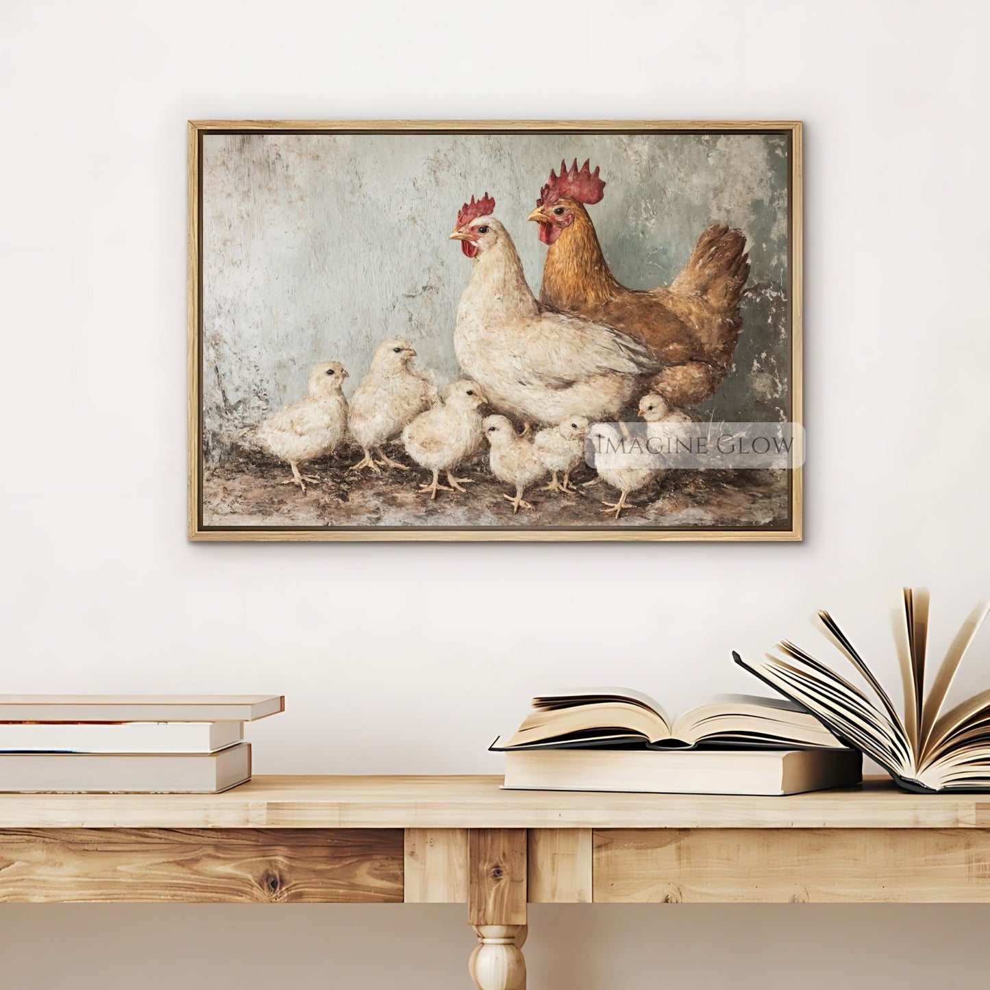 Nature-inspired vintage painting of chicken family
