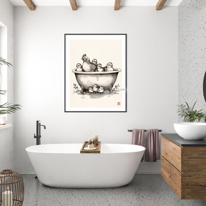 Mother hen and baby chick in bathtub funny wall art