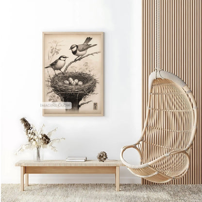 Vintage-style bird nest painting with rustic charm
