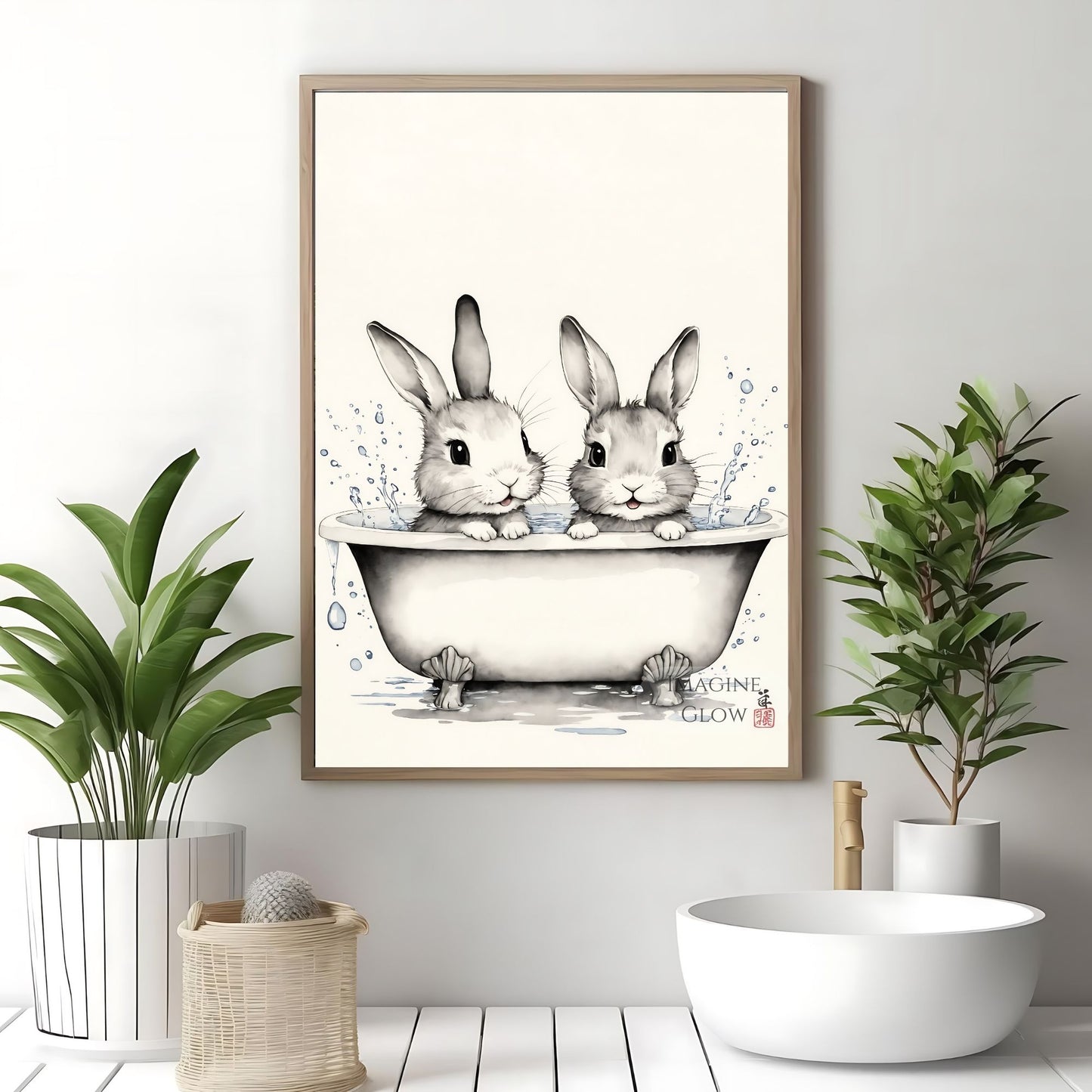 Playful rabbit bath time artwork