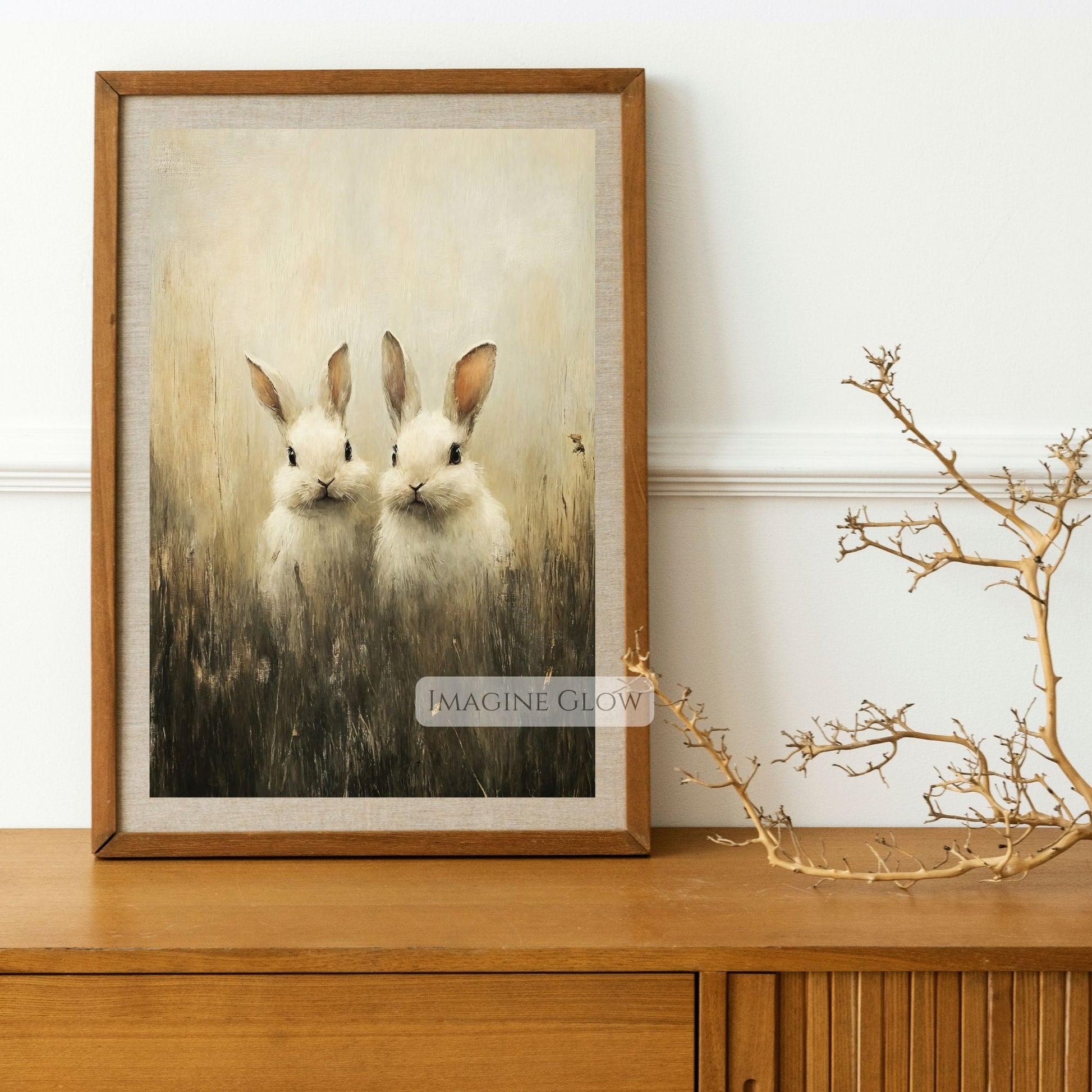 Woodland nursery art with two bunnies vintage style
