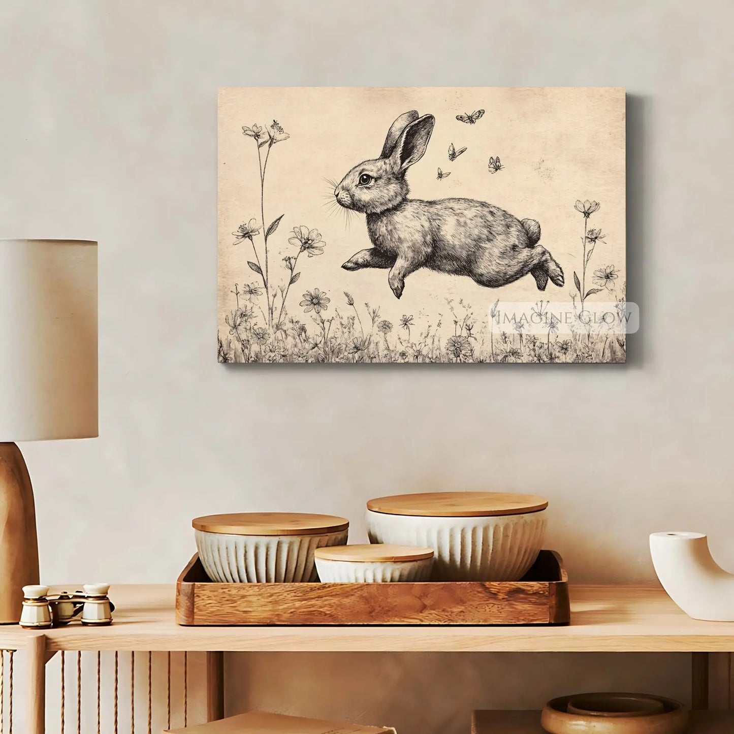 Antique-style rabbit illustration for Easter decor.
