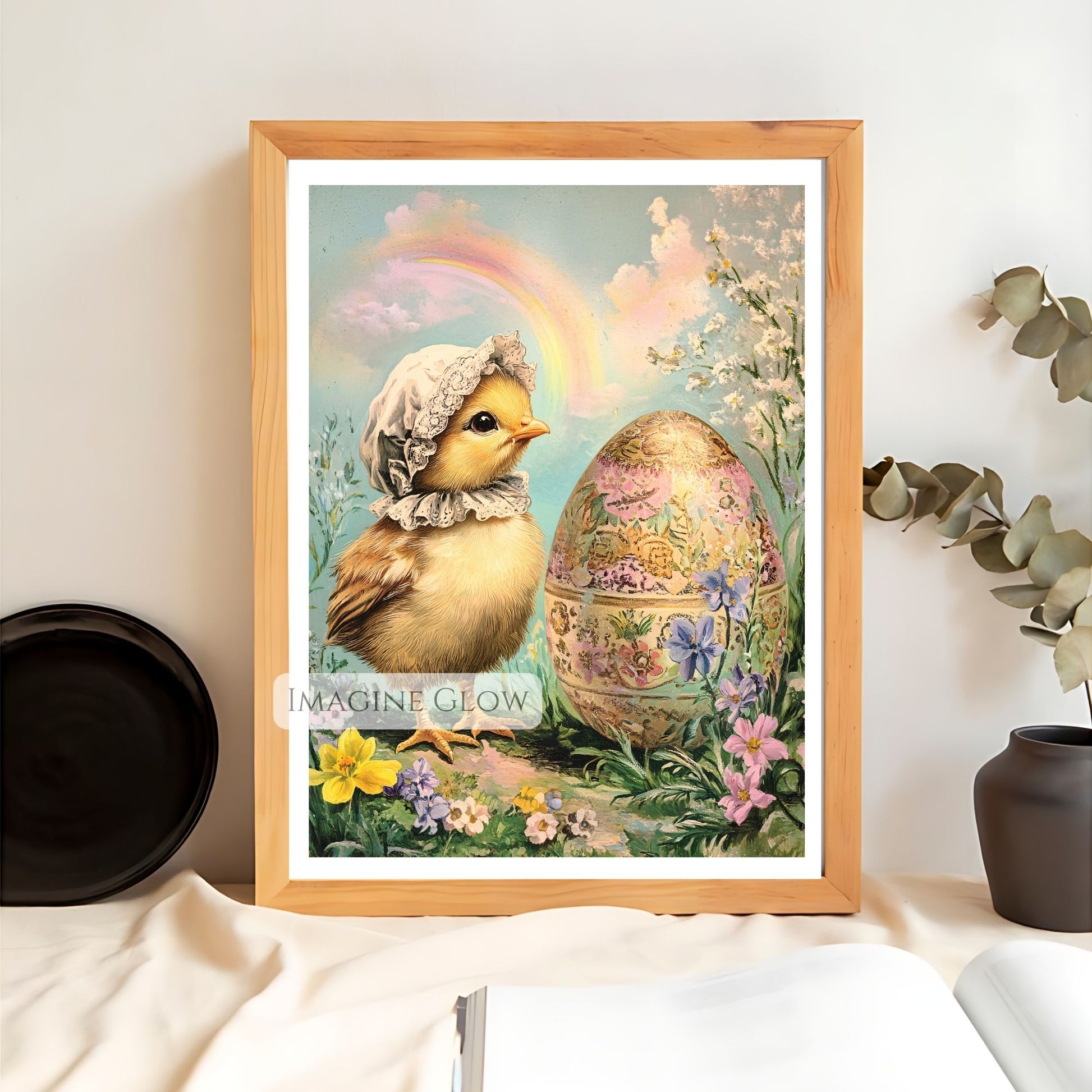 Spring-themed vintage baby chick and Easter egg artwork.
