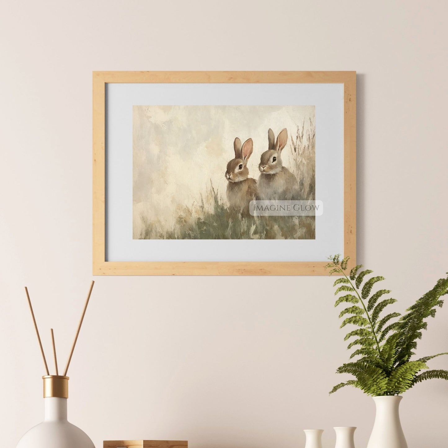 Rustic farmhouse art of two bunnies in nature
